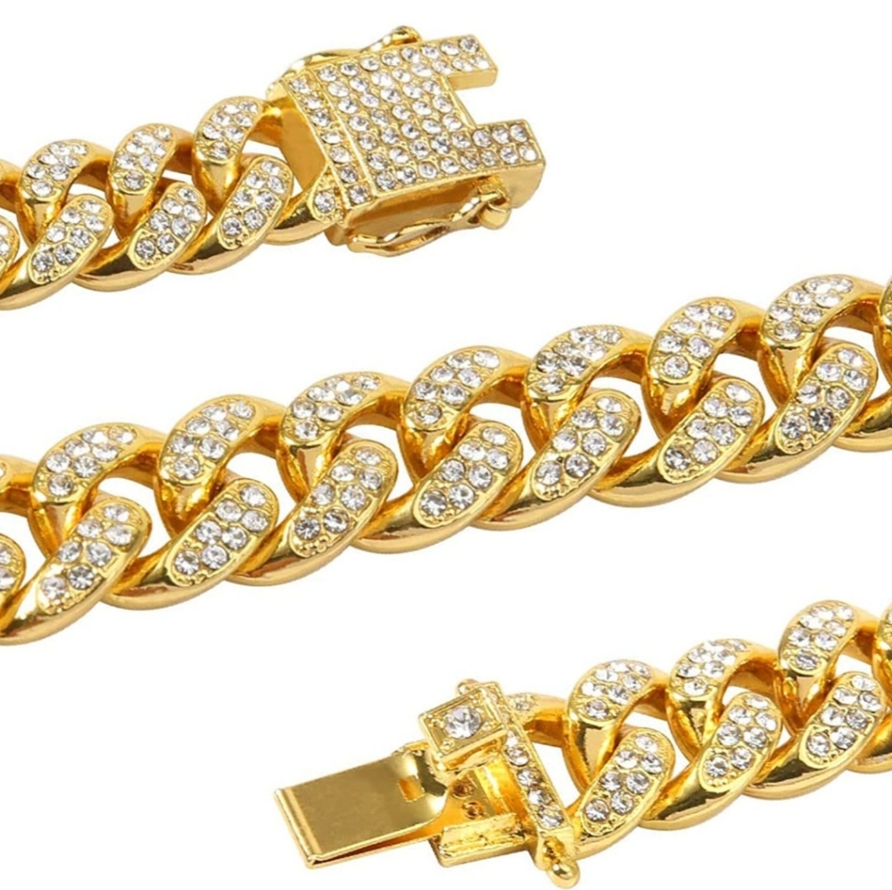 18K Gold Plated Iced Miami Cuban Link Chain With Heart/Cursive A Pendant - Picture 7 of 16